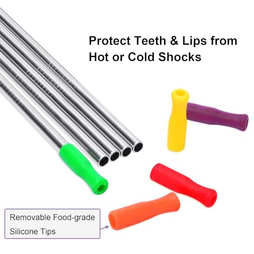 Stainless Steel Metal Straws with Silicone Tips Set of 10 Straight Reusable Drinking Straws for 20oz 30oz Tumblers