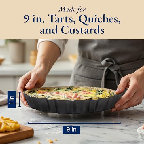 Fluted Tart Pan 9 Inch Removable Bottom with Patented Silicone Crust Shaper