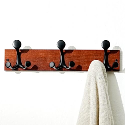 17 Inch Cherry Wood Coat Rack Wall Mount with 3 Triple Hooks