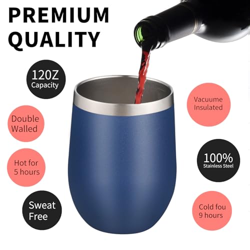 12oz 4 Pack Wine Tumbler Glasses with Lid Stemless Double Wall Vacuum Stainless Steel Travel Tumbler Keeping Cold & Hot for Wine