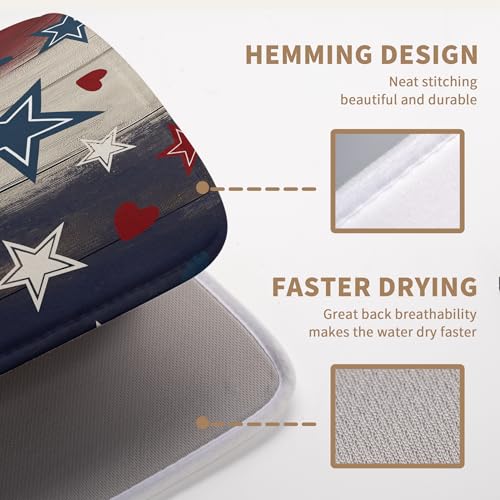 Patriotic Stars Dish Drying Mats 4th of July Dish Mat Blue Red Heart Drying Matt Dishes Dryer Pad for Kitchen Counter Absorbent Microfiber Washable Foldable Reusable 18x24 in