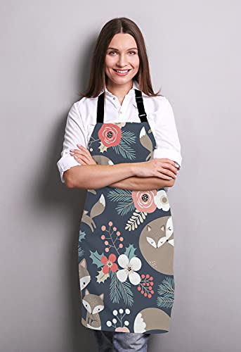 Cute Fox Family and Flowers Bib Apron with Adjustable Neck for Men Women