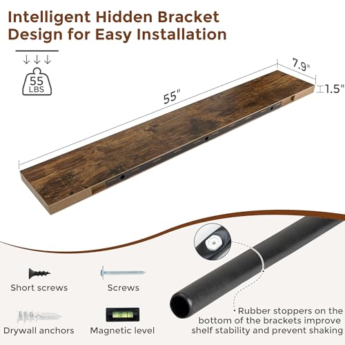 55 Inch Floating Shelves for Wall 8 Inch Deep Rustic Brown Shelves Set of 2 (2 Count)
