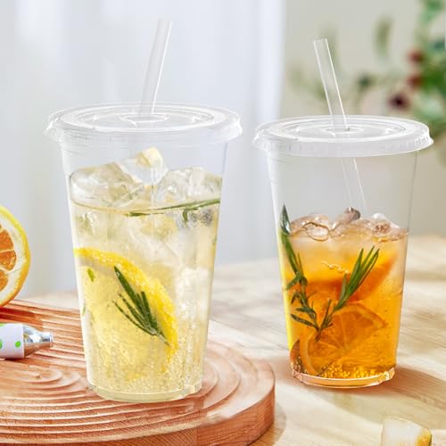 100 Pack 24 oz Clear Plastic Cups with Lids and Straws (100 Count)