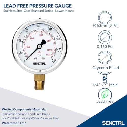 160 Psi Lead Free Glycerin Liquid Filled Low Water Pressure Gauge