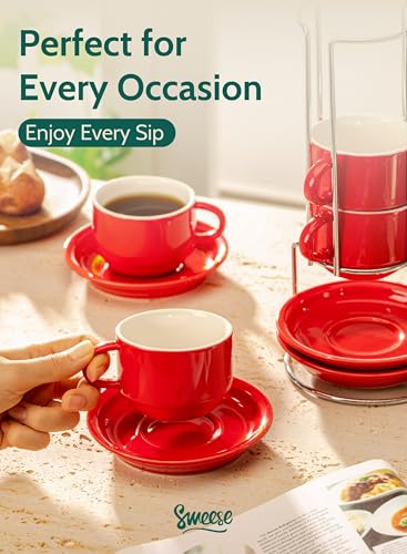 8 Ounce Porcelain Stackable Cappuccino Cups with Saucers and Metal Stand