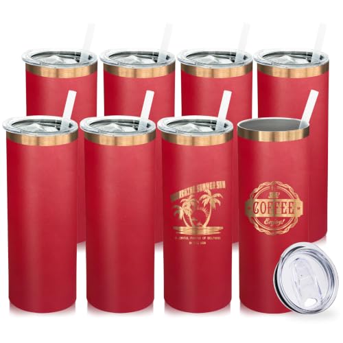 20 oz Skinny Tumblers Bulk with Lids and Straws Bright Red (8 Count)