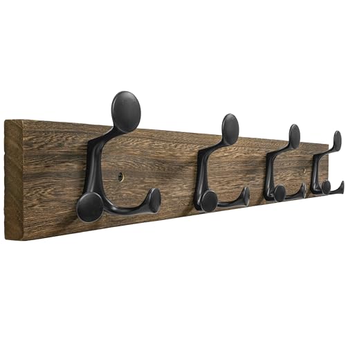 24 Inch Wood Burnt Coat Rack Wall Mount with 4 Triple Hooks