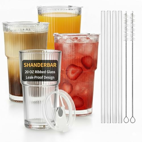 20 oz Ribbed Glass Tumblers with Lids and Straws (4 Count)