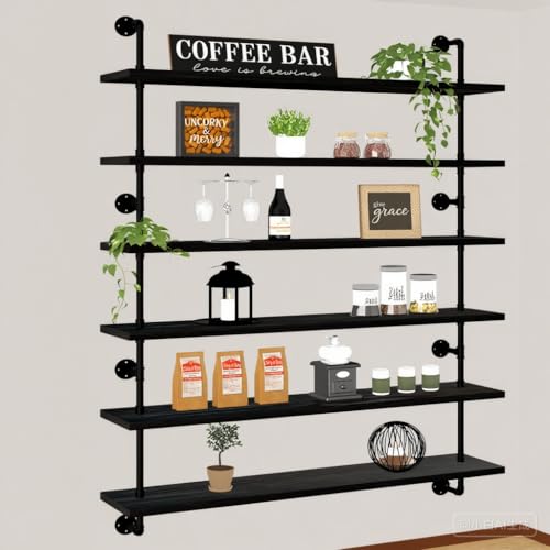 48 Inch Pipe Shelf Floating Shelves for Wall Shelves Bookshelf Industrial Pipe Shelving Real Wood Planks Rustic Hanging Shelves Farmhouse Kitchen Bar Shelving Black