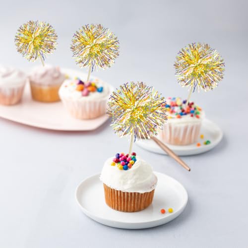 30Pcs Foil Firework Cupcake Toppers Party Birthday Cake Toppers Supplies Sparkle Tinsel Cocktail Fruit Toothpick for Birthday Wedding Graduation Party Yellow (30 Count)