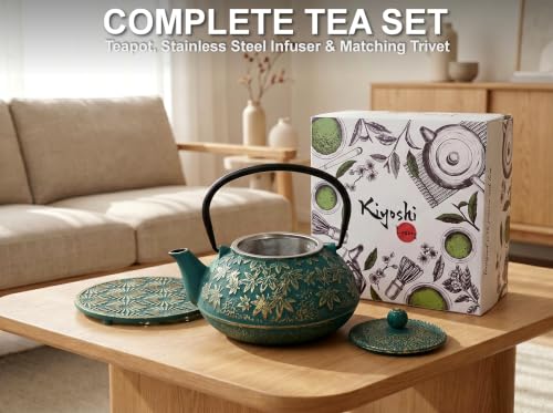 40 Oz Green Maple Leaf Cast Iron Teapot