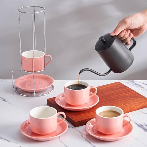 8 Ounce Stackable Cappuccino Cups with Saucers and Metal Stand (4 Count)
