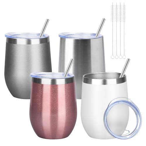 12oz 4 Pack Wine Tumbler Glasses with Lid Stemless Double Wall Vacuum Stainless Steel Travel Tumbler Keeping Cold & Hot for Wine