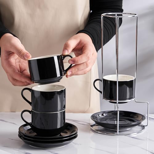 8 Ounce Stackable Cappuccino Cups with Saucers and Metal Stand