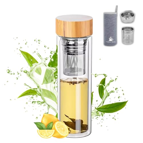 15oz Double Wall Glass Water Bottle with Bamboo Lid and Tea Infuser