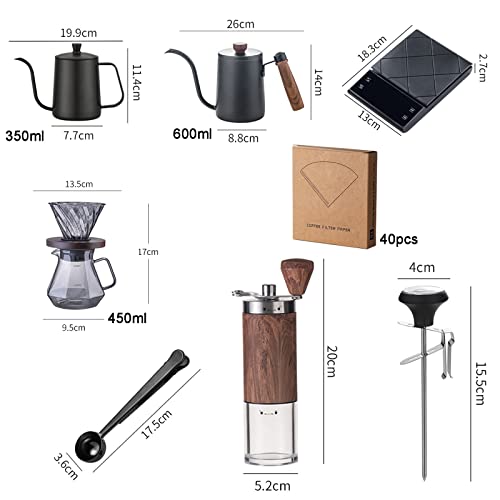 Pour Over Coffee Maker Set Coffee Kettle Scale Server Dripping Cup Bean Grinder Filter Paper Ceramic Cup All in 1 Great for Traveling Camping Excellent Coffee Gift