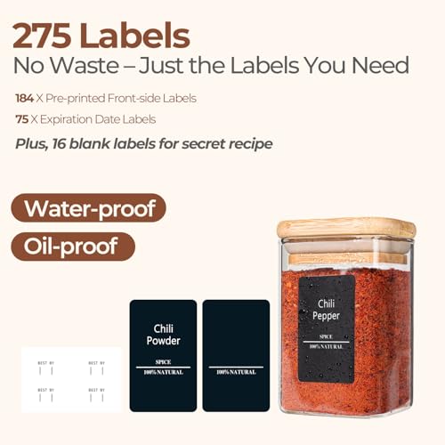 Square Glass Spice Jars with Labels 6 oz 16 Pack with Bamboo Lids (16 Count)