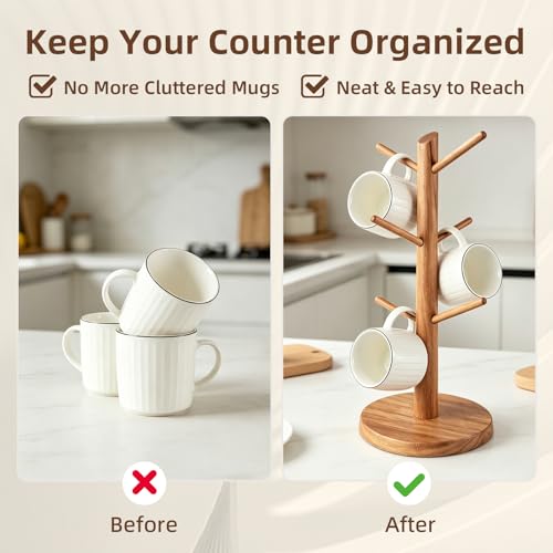 Large Acacia Wood Mug Holder Tree for Countertop