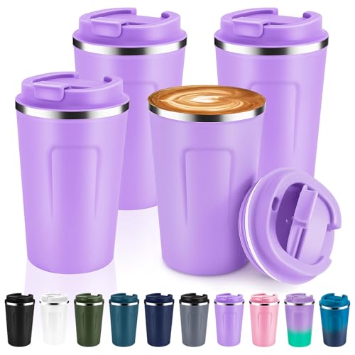 12 oz Double Wall Insulated Vacuum Travel Coffee Mug with Flip Lid Bulk 4 Pack (4 Count)