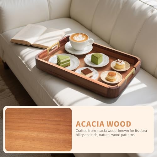 Acacia Wood Serving Tray with Metal Handles