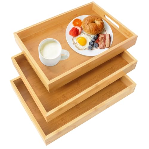 3 Pack Large Bamboo Serving Tray with Handles (3 Count)