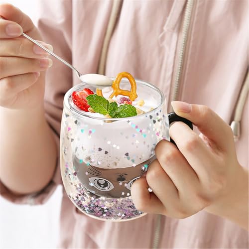 Glittery Black Cat Double Walled Glass Coffee Latte Cup