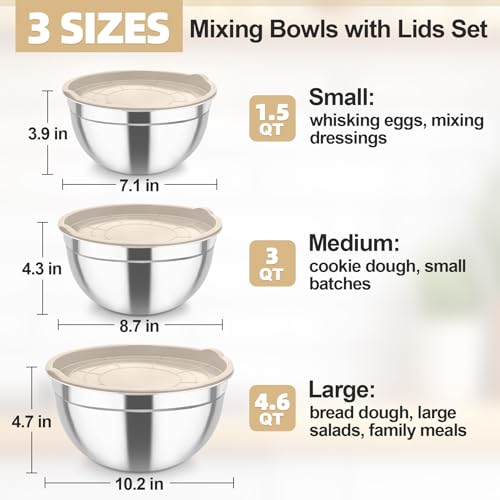 Mixing Bowls Stainless Steel Nesting Salad Bowls & Airtight Lids (3 Count)