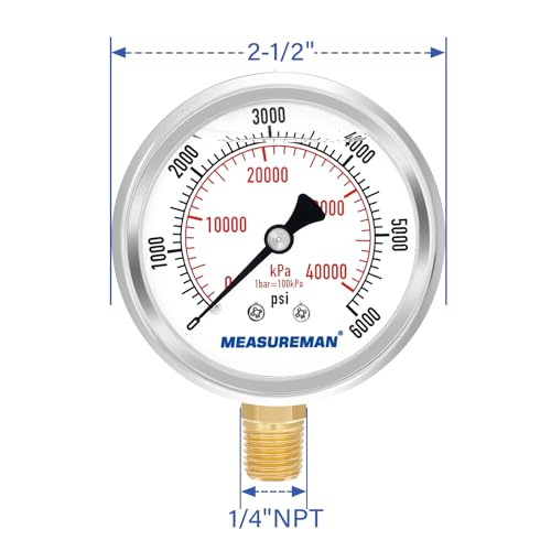 2-1/2" Dial Size, Glycerin Filled Pressure Gauge, 0-6000psi/kpa, 304 Stainless Steel Case, 1/4" NPT Lower Mount