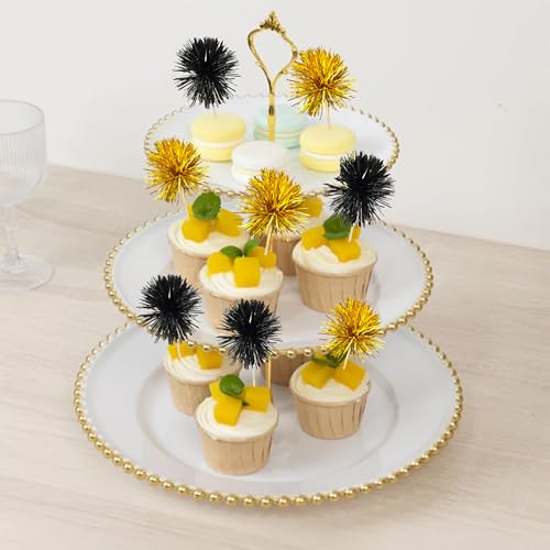 30Pcs Foil Firework Cupcake Toppers Sparkle Tinsel Cupcake Picks Happy Birthday Cake Decorations Drink Stirrers Cocktail Food Toothpicks for Baby Shower Graduation Party Supplies Black Gold (30 Count)