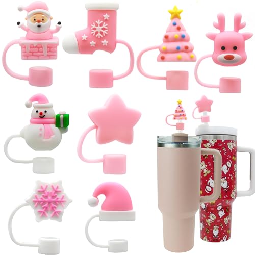 8pcs Christmas Straw Topper for Stanley Cup Accessories Santa Claus Christmas Tree 10mm Silicone Straw Covers Cap for Stanley 30 & 40 Oz Tumbler Christmas Gifts (8 Count)