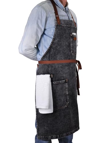 Black Denim Grill Apron with Pockets & Towel Loop for Men Women