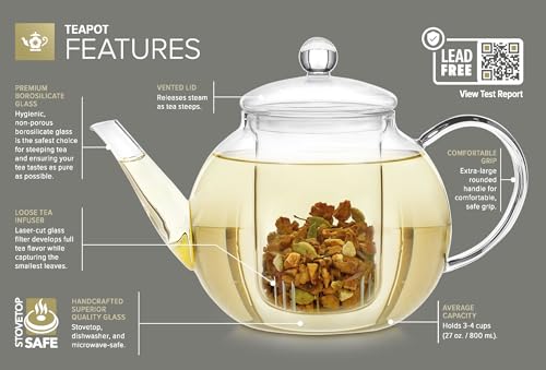Stovetop & Microwave Safe Glass Teapot with Removable Loose Tea Glass Infuser