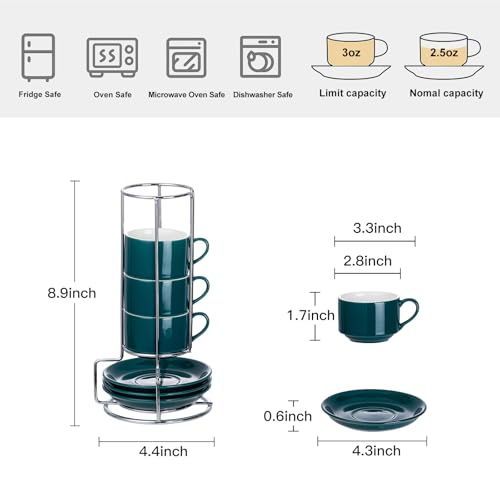 2.5 Ounce Stackable Espresso Cups with Saucers and Metal Stand (4 Count)