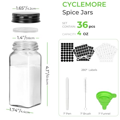 36 Pack 4oz Glass Spice Jars with Black Metal Caps & Shaker Lid (36 Count)