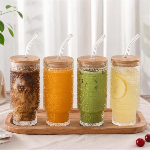 Hobnail Glass Cups with Lids and Straws Drinking Glasses Set of 8 (8 Count)