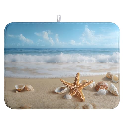 Summer Ocean Beach Blue Dish Drying Mat Sea Shell Starfish Large Kitchen Mat Dish Drying Pad Absorbent Dish Dryer Mat for Kitchen Countertops Microfiber Drainer Pad Dish Drying Rack Mat