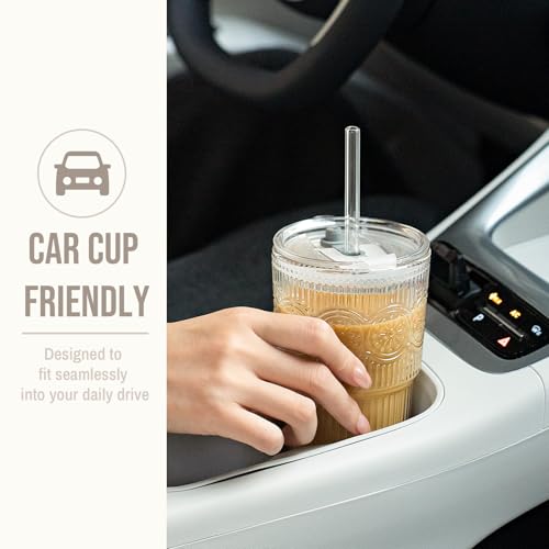 20oz Ribbed & Floral Glass Tumbler with Lid and Straw