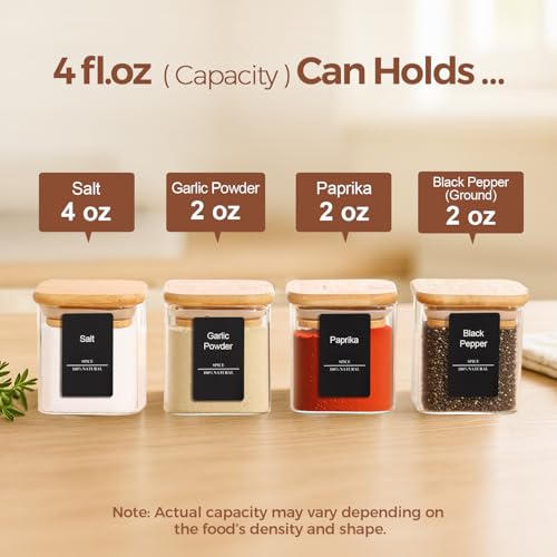 Square Glass Spice Jars with Labels 4 oz 16 Pack with Bamboo Lids (16 Count)