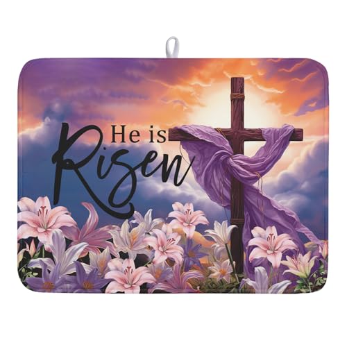 Easter Cross He is Risen Dish Drying Mats 18x24 Inch Spring Drying Mat Absorbent Microfiber Dishes Pad Easter Lily Flowers Dish Drainer Mat Protector for Kitchen Countertops Fast Dry Tableware