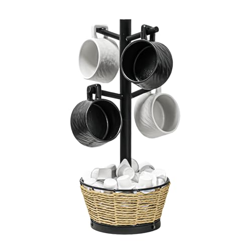 Wood Mug Holder Tree With Woven Basket