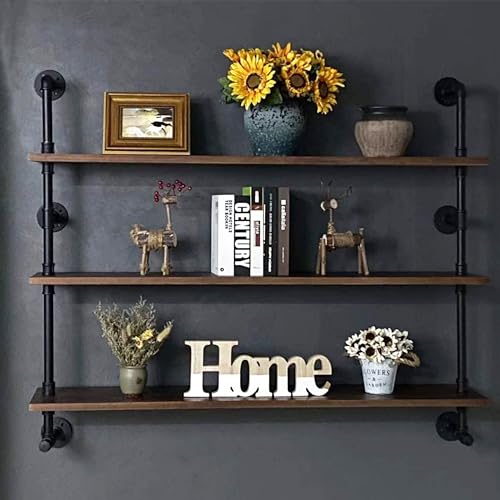 Industrial Pipe Wall Shelves Pipe Shelving with Real Wood Plank 48 Inches