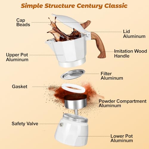 3 Cup Aluminum Moka Pot Classic Stovetop Espresso Coffee Maker 150ml 5oz Coffeemaker Percolator Mocha Pot Greca Coffee Maker Cafe Makers for Italian and Cuban Café Brewing White