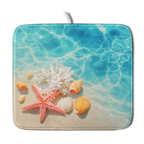 Coastal Starfish Dish Drying Mat 16"x18" Ocean Blue Sea Coral Seashell Dish Drainer Mats Nautical Beach Themed Decorative Reversible Dish Drying Pad for Kitchen Countertop Dining Room