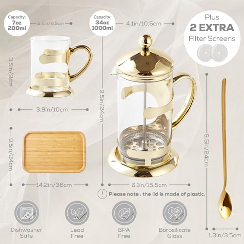 Gold French Press Set with 6 Cups & 1 Tray