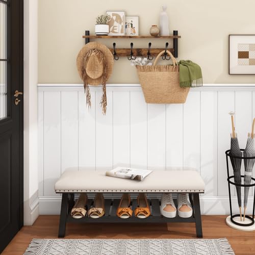 Wall Mount Coat Rack with Shelf and 5 Tri Hooks