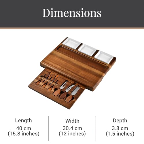 Large Acacia Wood Charcuterie Board Set with 3 Removable Ceramic Bowls & Serving Utensils