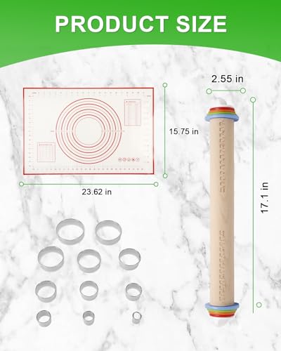 16.7" Wood Rolling Pin with Adjustable Thickness Rings Set (13 Count)