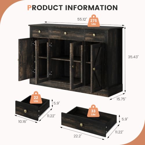 55" Large Coffee Bar Cabinet with 4 Doors and 3 Drawers