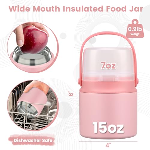 2-in-1 Insulated Food Jar with a Snack Container - 15oz Kids Soup Thermos for Hot Food with Handle and Spoon, Leak Proof Bento Lunch Box Kids, Perfect for School & Travel